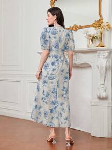 Modelyn 女士夏季优雅短袖花卉印花收腰连衣裙 - 藍色 - 查看 2