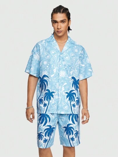 ROMWE MEN Street Life Men Summer Vacation Style Palm Tree Printed Short Sleeve Shirt And Shorts Casual Set