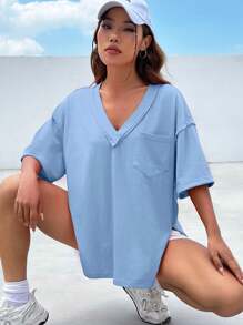 SHEIN EZwear Camiseta de punto de dama en azul cielo con cuello en V y bolsillo con lazo - Celeste - Ver 3