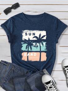 SHEIN LUNE Plus Size Women's Summer Coconut Tree & Letter Print Casual Short Sleeve T-Shirt With Hot Stamping Graphic Tees Women Tops - Blue - View 3