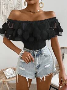 Breezaya Blusa ceñida de hombros descubiertos de moda con parche redondo decorativo - Negro - Ver 3