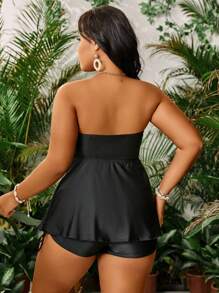 Swim Lushoire Plus Size Women Summer Beach Ruched Frill Strapless Tankini Set - Multicolor - View 2