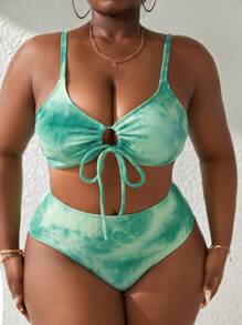 SHEIN Swim Curve 夏季海灘加大碼打結染色比基尼套裝，前面有摺褶打結細節。包含胸罩和比基尼下擺。 - 綠色 - 查看 4
