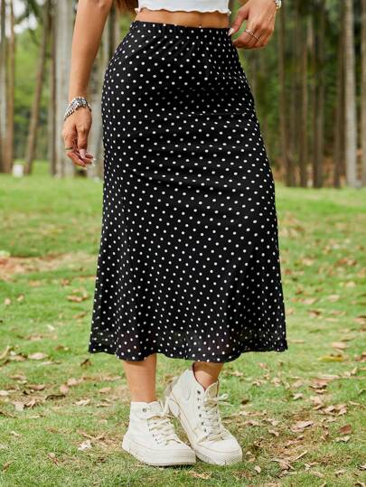 SHEIN EZwear 黑色波點透明網紗高低不一中長裙