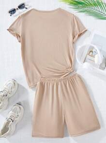 Tween Girl Cartoon Slogan Print Short Sleeve Casual T-Shirt And Shorts 2pcs/Set For Summer, School, Campus, College - Khaki - View 2