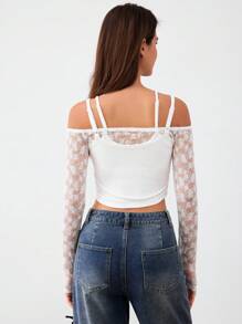 Forever 21 Lace Off Shoulder 2 In 1 Joint Sweet Girl College Style Slim Fit Top - White - View 3
