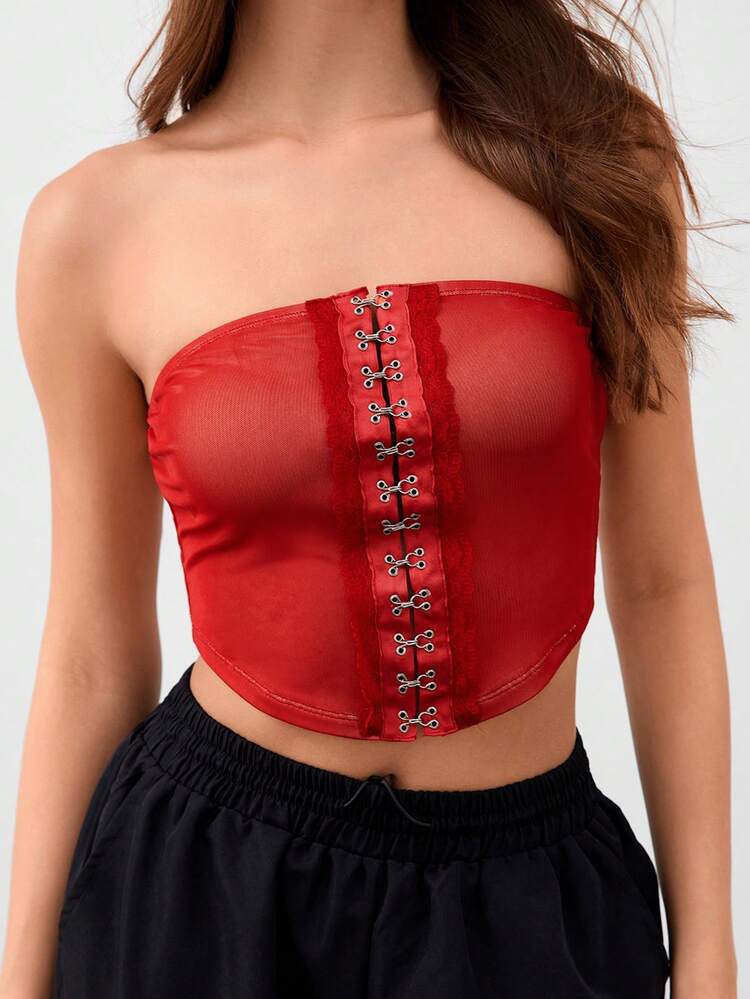 Women Summer Sexy Mesh Lace Splicing Metal Element Tube Top