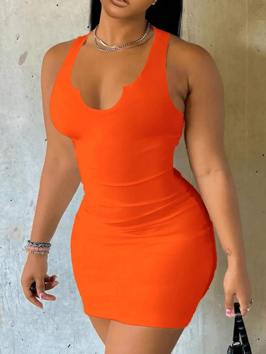 Slaydiva Casual Simple Orange Sleeveless Thick Strap V-Neck Fitted Mini Dress For Women, Suitable For Summer,Summer Dresses For Women Suitable For Going Out Chic Dress