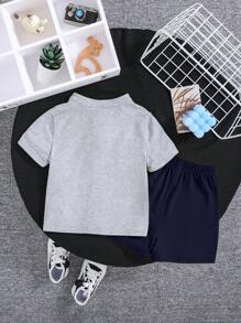 SHEIN Baby Boy Baby Girl Stand Collar Half-Button Tee With Color-Block Design And Plain Shorts Two-Piece Set - Royal Blue - View 8