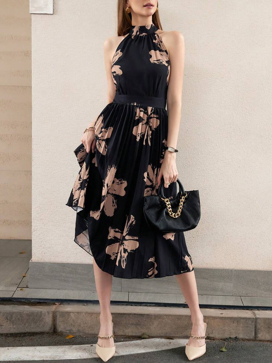 SHEIN Privé Fashionable And Elegant Personalized Strappy Sleeveless Long Dress With Printed Hem, Pleats, Waist Belt And Tie Back, Black Dresses For Women Elegant 