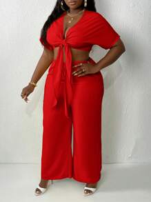 Slaydiva Plus Size Solid Color Front-Tie Batwing Sleeve Cropped Top And Wide Leg Pants Vacation Two-Piece Set - Red - View 7