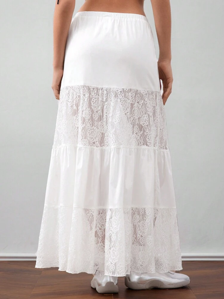 Contrast Lace Elegant Drawstring Waist A-Line Skirt