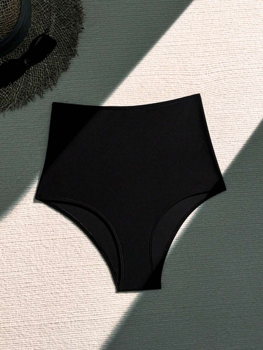 SHEIN Swim Quần bikini tam giác lưng cao màu trơn cho nữ đi nghỉ - màu đen - Xem 1