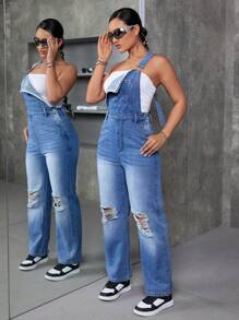 Women Spring/Summer Casual Straight-Legged Ripped Denim Jumpsuit - Medium Wash - View 4