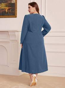 Modelyn Fashionable Solid Color Long Sleeve Dress For Plus-Size Women - Dusty Blue - View 2