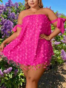 Celure Plus Size Strapless Floral Applique Fashion Dress Suitable For Party And Gathering Styling - Hot Pink - View 5