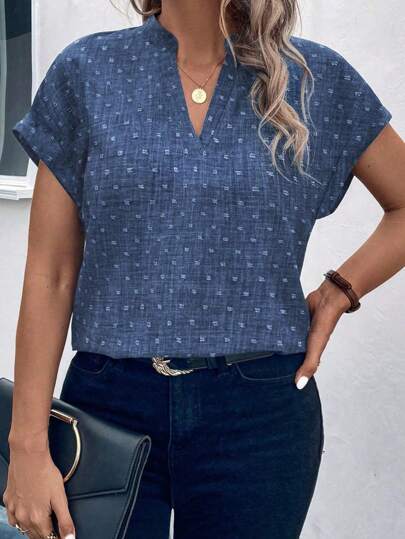 Parysyn Plus Size Women Summer Loose Fit Batwing Short Sleeve Shirt With V Neckline And Slit