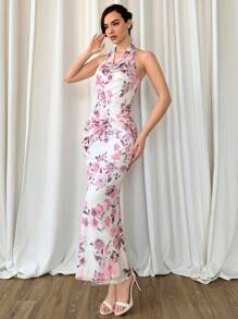 Aloruh Halter Neckline Twisted Knot Waistline Fish Tail Long Dress, Slimming And Flattering - Hot Pink - View 4