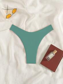 SHEIN Swim 夏季海灘純色性感褶皺比基尼下著 - 綠色 - 查看 3