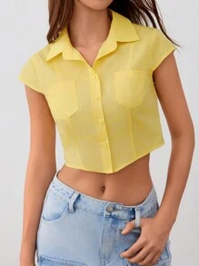 Forever 21 黃色夏季口袋短袖短襯衫 - 黃色 - 查看 5