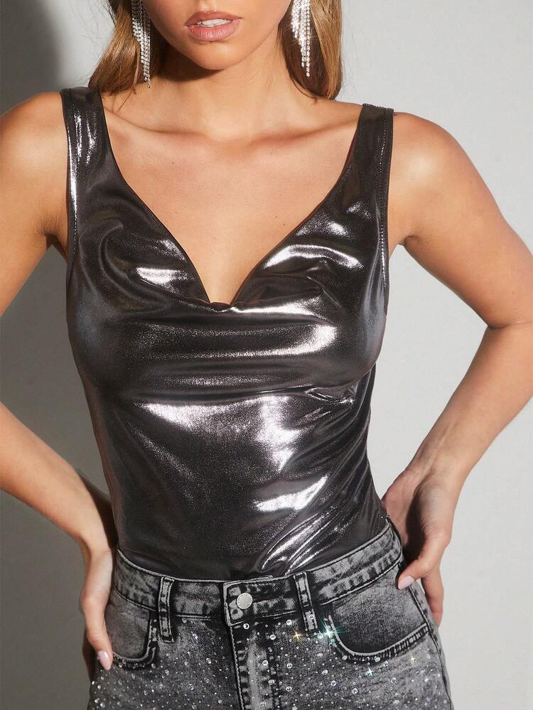 Women's Glossy Draped Collar Tank Top