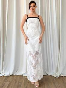 Aloruh Elegant Long Lace Dress For Wedding Season With Color Block And Open Back - White - View 5