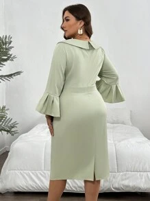SHEIN Privé 大尺碼女士春夏時尚重疊V領喇叭袖裙 - 薄荷綠 - 查看 2