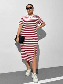 SHEIN Essnce 春夏加大尺寸女性休閒寬鬆條紋分裂短袖T恤連衣裙 - 紅白色 - 查看 3