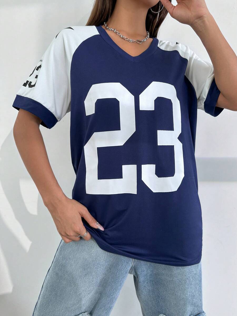 StreetHx Áo thun ngắn tay cổ chữ V màu khối có tay áo Raglan - Màu xanh hải quân - Xem 1