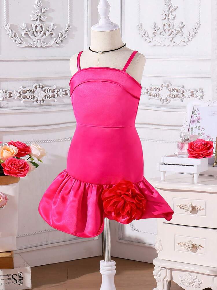 Young Girl Mexican Children's Day Bright Fuchsia Sleeveless 3D Flower Dress With Straps
