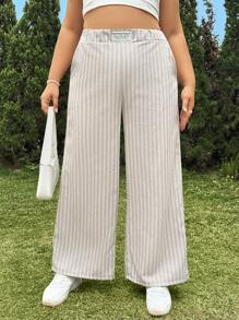 SHEIN EZwear Plus Size Summer Casual Striped Linen Long Pants - Grey - View 5