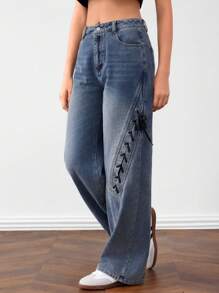Forever 21 Women's Blue Lace-Up Knee Low Rise Wide Leg Jeans - Blue - View 3
