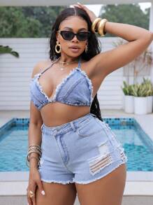 SHEIN SXY Plus Size Nữ Denim Top Dây Cổ Gợi Cảm Hở Lưng Màu Xanh - Rửa nhẹ - Xem 4
