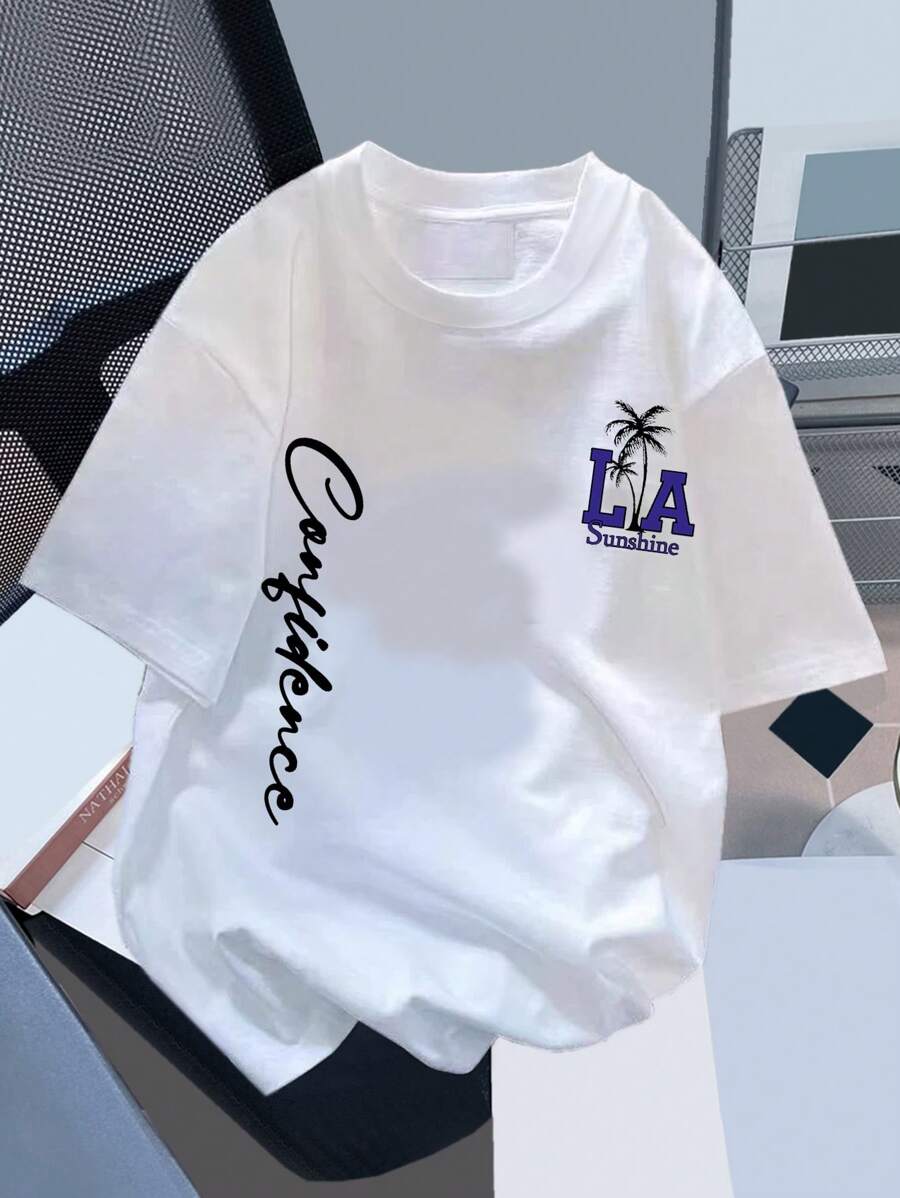 SHEIN Leap Crew Tween男孩休閒簡約字母印花短袖T恤，適用於夏季 - 白色 - 查看 1