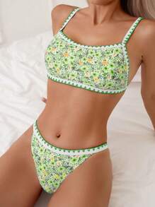 SHEIN Swim Holiday Mini Floral Color-Block Edging Split Bikini Set, Summer Beach - Green - View 1