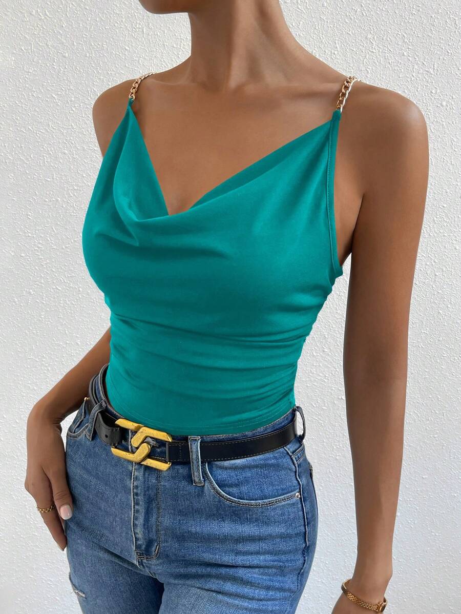 SHEIN Foxxy Women Summer Solid Color  Loose Cami Top With Chain Strap - Teal Blue - View 1