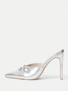 SheIn ICON Women's Silver Metallic Pu Pointed Toe Mule Stiletto Heels, Fashionable And Sexy
