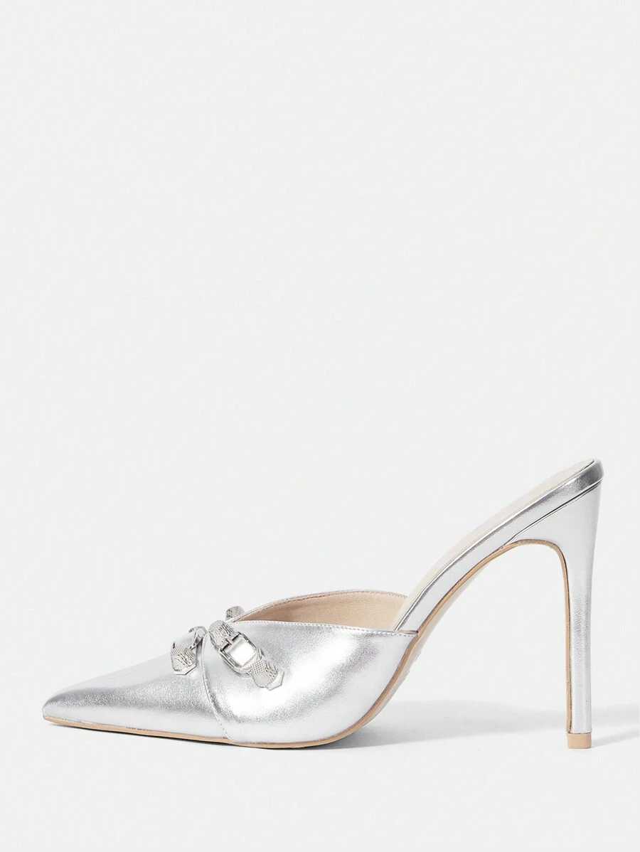 SheIn ICON Women's Silver Metallic Pu Pointed Toe Mule Stiletto Heels, Fashionable And Sexy