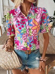 Breezaya Chemise décontractée pour femmes à manches bouffantes et imprimé fleuri coloré pour les vacances de printemps/été