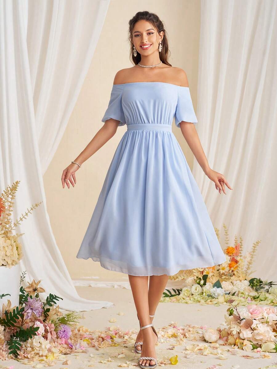 SHEIN Belle Women Summer Solid Color Off Shoulder Short Sleeve Simple And Elegant Cocktail Dress - Baby Blue - View 1