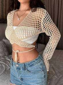 SHEIN Unity Women Solid Hollow Out Beach Style Open-Front Crop Cardigan Fall Cloth For Women - Apricot - View 3