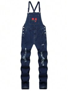 Manfinity EZcore Men Summer Floral Printed Ripped Pocket Casual Denim Overalls