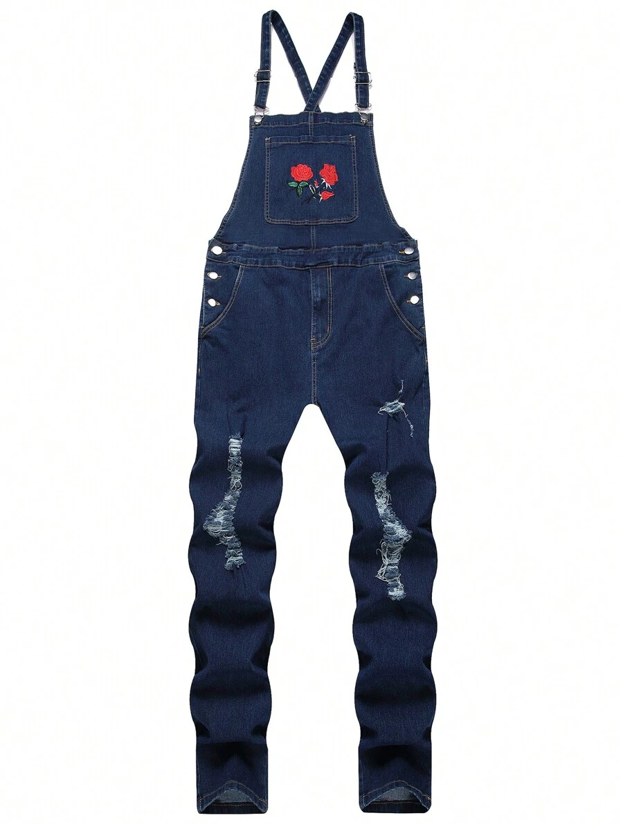 Manfinity EZcore Men Summer Floral Printed Ripped Pocket Casual Denim Overalls