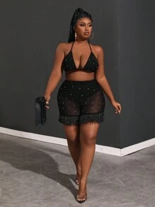 Slaydiva Plus Lễ Hội Âm Nhạc Lưới Đan Đàn Hồi Màu Đen Xuyên Qua Hot Khoan Bikini Quần Short Tua Rua - màu đen - Xem 6
