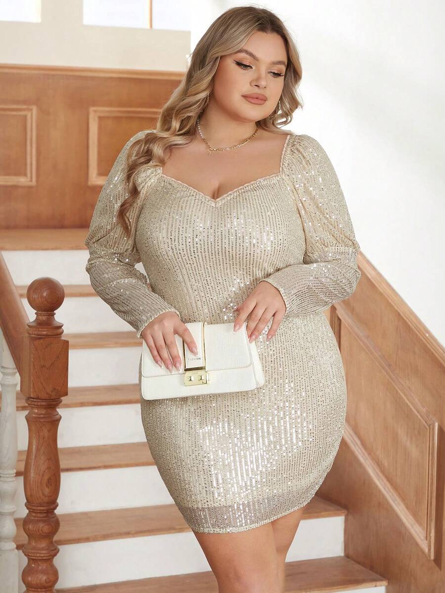 Eilly Bazar Đầm ôm sát đính sequin cổ tim cỡ lớn - Màu be - Xem 1