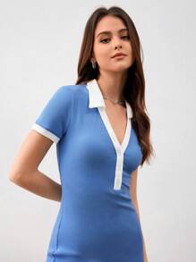 Forever 21 Color Block V-Neck Polo Shirt Style Short Sleeve Short Dress - Blue - View 4