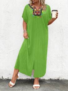 SHEIN LUNE Váy mùa hè thêu cổ cỡ lớn - màu xanh lá - Xem 4