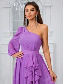 YISIKADO Women'S One Shoulder Lantern Sleeve Ruffle Trim Decor Bridesmaid Dress