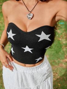 SHEIN EZwear Star Pattern Two Tone Tube Knit Crop Top - Black and White - View 6