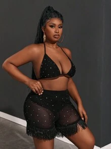 Slaydiva Plus Lễ Hội Âm Nhạc Lưới Đan Đàn Hồi Màu Đen Xuyên Qua Hot Khoan Bikini Quần Short Tua Rua - màu đen - Xem 7